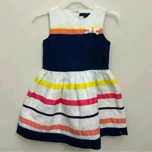 Tommy Hilfiger Other - Tommy Hilfiger Girls Dress Multicolor Bow Button Down Lined Stripes Size 4